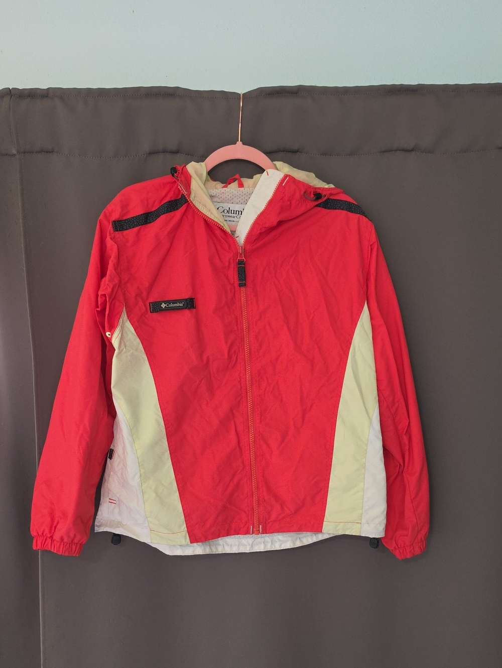 Columbia  Red Hooded Raincoat with Cream Panels